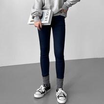 잘빠진 여성용 올 핏 피치 기모 스키니 데님 팬츠