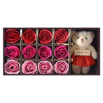 블루마토 비누장미4 브라운 케이스 비누장미 12p + 곰 인형, 빨강