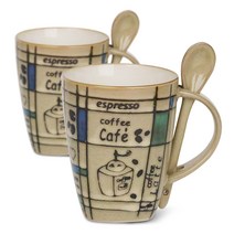 다솜 핸드페인팅 카페 머그잔 2p + 스푼 2p 세트, 베이지, 1세트