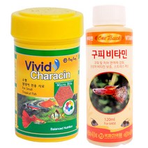 비비드 카라신 열대어 전용 사료 소 + 원터치 구피 비타민 120 ml, 1세트