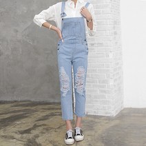 잘빠진 여성용 디스트로이드 연청 멜빵 바지