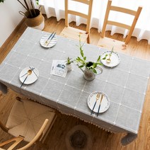 알럽홈 격자 무늬 자수 테이블 보, 그레이, 140 x 140 cm