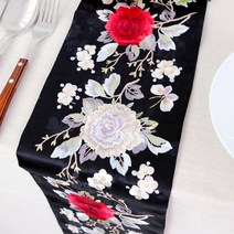 해피툴 전통 자수 블랙 테이블러너, 레드플라워, 16 x 115 cm