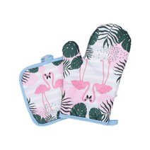 더플로우컴퍼니 그린 프레쉬 플라밍고 디자인 내열성 주방 오븐장갑 + 절연패드, 04, 1세트