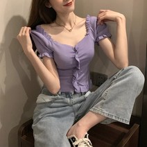 공블리 여성용 스퀘어넥 프릴 크롭 반팔 니트 CST1350