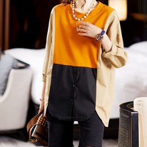 아뗄릭 사이드 배색 곡선형 빅사이즈 블라우스 00380