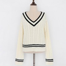 큐니걸스 여성용 더블배색 브이넥 꽈배기 니트
