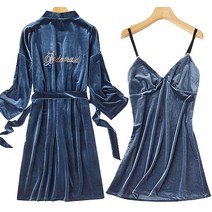 소중한 당신에게 벨벳잠옷 목욕가운 XL + 슬립 XL, 청그레이, 1세트