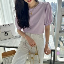 세컨그라운드 여성용 라운드 소매 퍼프 반팔 티셔츠