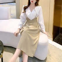 비비에모 여리여리 긴팔 배색 뷔스티에 셔츠 원피스 세트 01148