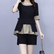 아뗄릭 라운드넥 투톤 배색 블라우스 숏팬츠 투피스세트 00870