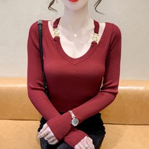 비비에모 여성용 딥 브이넥 주얼리 고리 골지 니트 티셔츠 01196