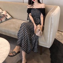 비비에모 투웨이 숄더 체크 롱 원피스 01289