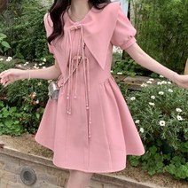 비비에모 뾰족빅카라 리본 소매반팔 플레어 원피스 01341