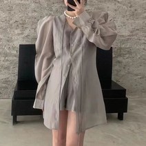 비비에모 유니크 퍼퓸 쉬본 롱 블라우스 + 밴딩 반바지 투피스 세트 01365