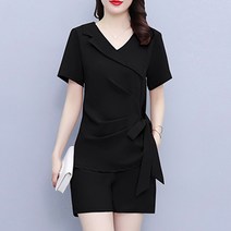 아뗄릭 유니크 브이넥 허리 셔링 리본 블라우스 숏팬츠 투피스세트 00755