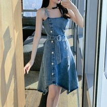 메이첼 진주장식 벨티드 데님 멜빵 뷔스티에 원피스 00590
