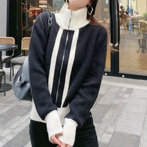 메이첼 배색 하이넥 니트 집업 긴팔 가디건 01356