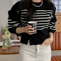 비비에모 여성용 스트라이프 밑단 버튼 두툼 니트 스웨터 티셔츠 01767