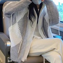 메이첼 여성용 루즈핏 아가일 뜨개 이중 후드 집업 가디건 01355