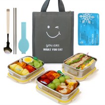 블루테이블 윙크 3단 도시락 진공 밥통 + 찬통 2p + 스푼 + 젓가락 + 수저 휴대 케이스 + 아이스팩 + 보냉가방 세트, 1세트, 그레이