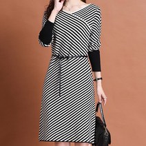 아뗄릭 브이넥 사선 스트라이프 벨티드 소매 배색 원피스 01476