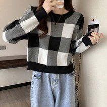 레몬소울 여성용 로블 라운드 체크배색 니트티