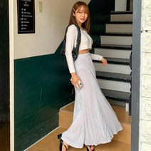 시크블랙 코리판 밴딩 플리츠 A라인 롱 스커트 cpsk5460k34
