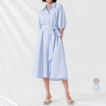 ELLE PARIS 스트라이프 플레어 반팔 셔츠 원피스