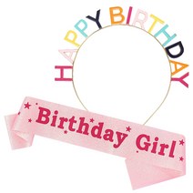 JOYPARTY 메탈릭 생일머리띠 + 생일어깨띠 Birthday Girl 세트, 레인보우(머리띠), 핑크(어깨띠), 1세트
