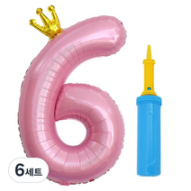 제이벌룬 은박 왕관 숫자풍선 대 6 + 손펌프세트, 핑크(풍선), 블루(손펌프), 6세트