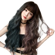 하이유니 투톤 컬러 웨이브 펌 롱 헤어 긴머리 통가발 가발 76cm + 가발망 + 거치대 세트, 민트 + 핑크