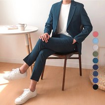 언탭트 남성용 썸머 린넨 투버튼 캐주얼 수트 자켓 + 긴바지 세트