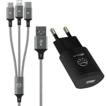 디지지 퀼컴 3.0 고속 충전 아답터 USB 1포트 18W   3 IN 1 스카이 메타 멀티케이블 120cm, 블랙, 1개