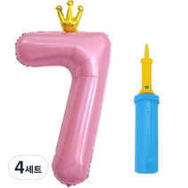 제이벌룬 은박 왕관 숫자풍선 대 7 + 손펌프세트, 핑크(풍선), 블루(손펌프), 4세트