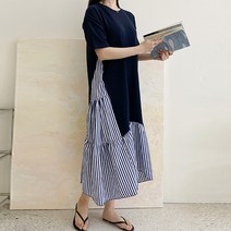 티탁 여성용 빅사이즈 데일리 루즈핏 라운드넥 반팔 스트라이프 캉캉세줄배색원피스