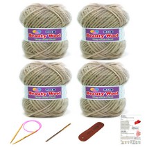 행복뜨기 뷰티울 털실 뜨개실 4p + 대바늘 8mm + 돗바늘 + 라벨 + 목도리도안 세트, 크림베이지, 1세트