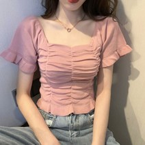 구디프 여성용 스퀘어넥 셔링 니트 반팔티