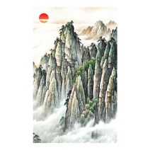 행운이 들어오는 절경 해 동양화, 그레이 + 브라운 + 레드 + 그린 + 블랙