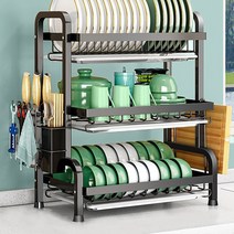 식기 싱크대 선반 설거지 건조대 3단, 블랙