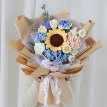 마켓피아 DIY 니트꽃 영생화 + 포장재료, 1개, 05 하늘색 + 크림 + 옐로우 + 커피 + 라이트 핑크(부케), 노란색(포장)