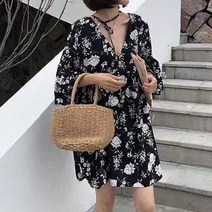 패션나비 플라워 패턴 프릴 소매 포인트 깊은 브이넥 셔링 미니 임산부 원피스