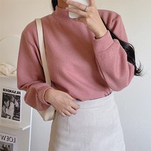 라미르 여성용 여리 루즈핏 터틀넥 벌룬 소매 크롭 니트 티셔츠