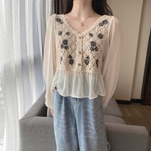 씨티컴퍼니 자수 긴팔 꽃 레이스 루즈핏 블라우스