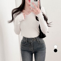 밀키버터 여성용 슬림 골지 브이넥 긴팔 니트