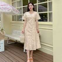 로미스토리 빅사이즈 로맨틱 플라워 셔링 브이넥 원피스