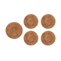 브리스크스타일 라탄 원형 홈카페 티 코스터 컵받침 4인 세트, 브라운