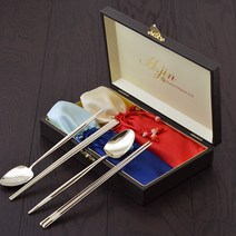 현진 상감 다이아 티타늄 수저 2벌 세트, 골드(수저), 숟가락 2p + 젓가락 2p + 비단 주머니 2종 + 케이스