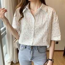 패션풀 여성용 허브티 잔꽃 카라넥 반팔 셔츠 26335