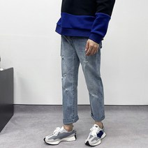 머시따 남성용 스판 프리데미지 워싱 연청바지